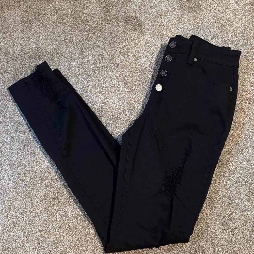 KanCan Women's Black Skinny Jeans with Button Detail